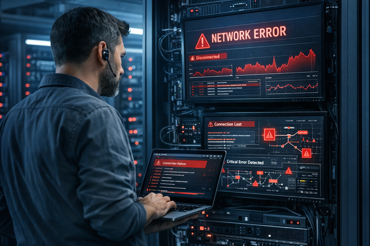 Administrador de sistemas monitoreando servidores con errores de red en centro de datos