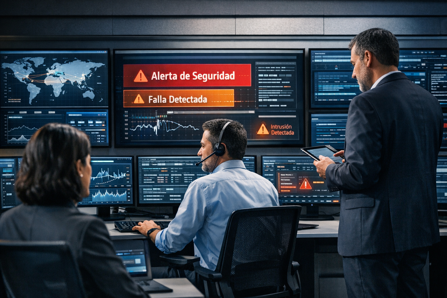Equipo de IT monitoreando sistemas en tiempo real en un centro de operaciones moderno