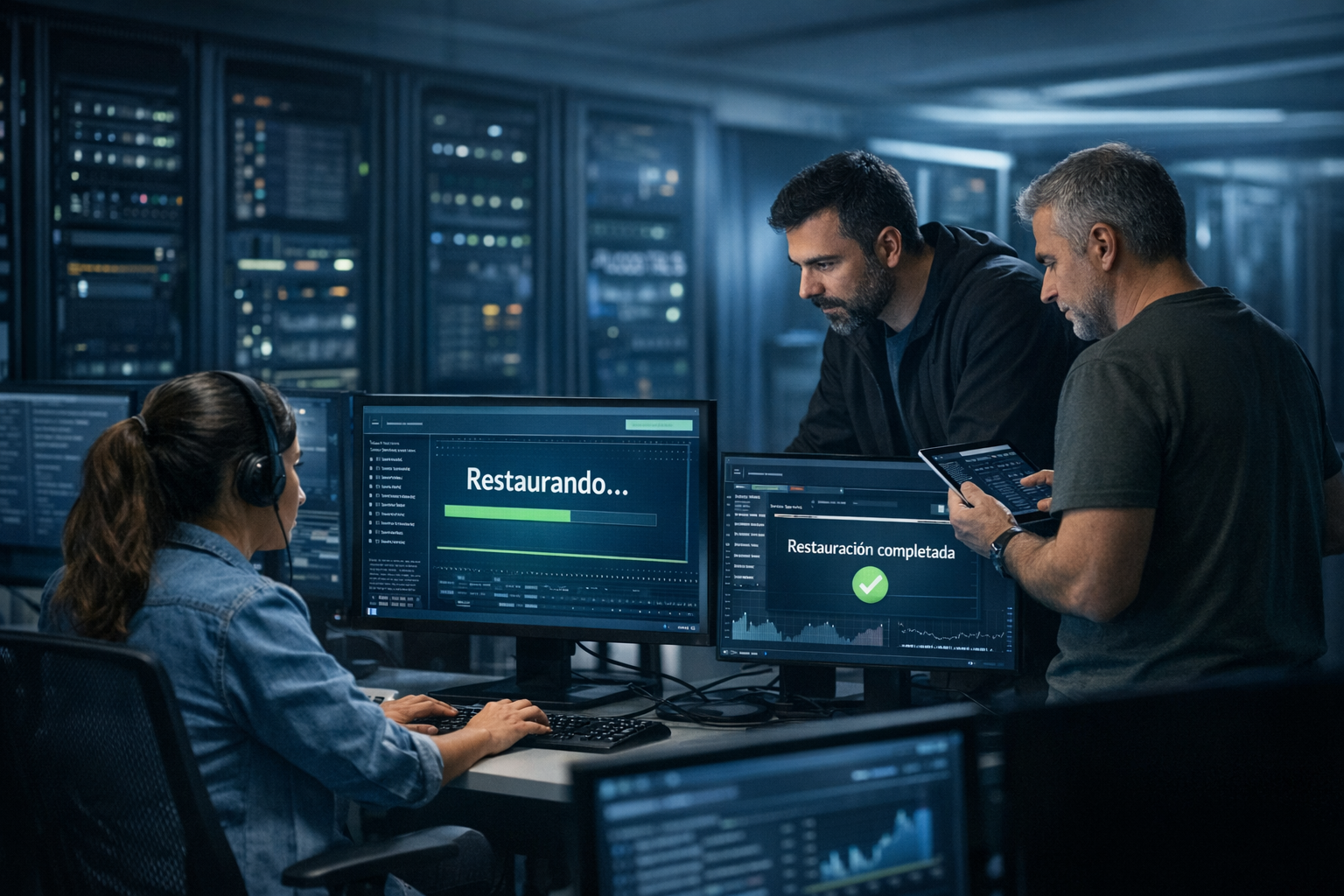 Equipo de IT realizando prueba de restauración de backups en centro de datos