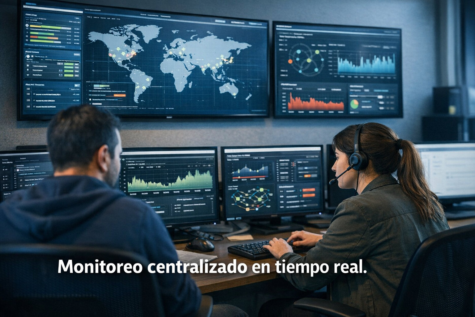 Centro de operaciones IT con monitoreo centralizado de infraestructura en tiempo real