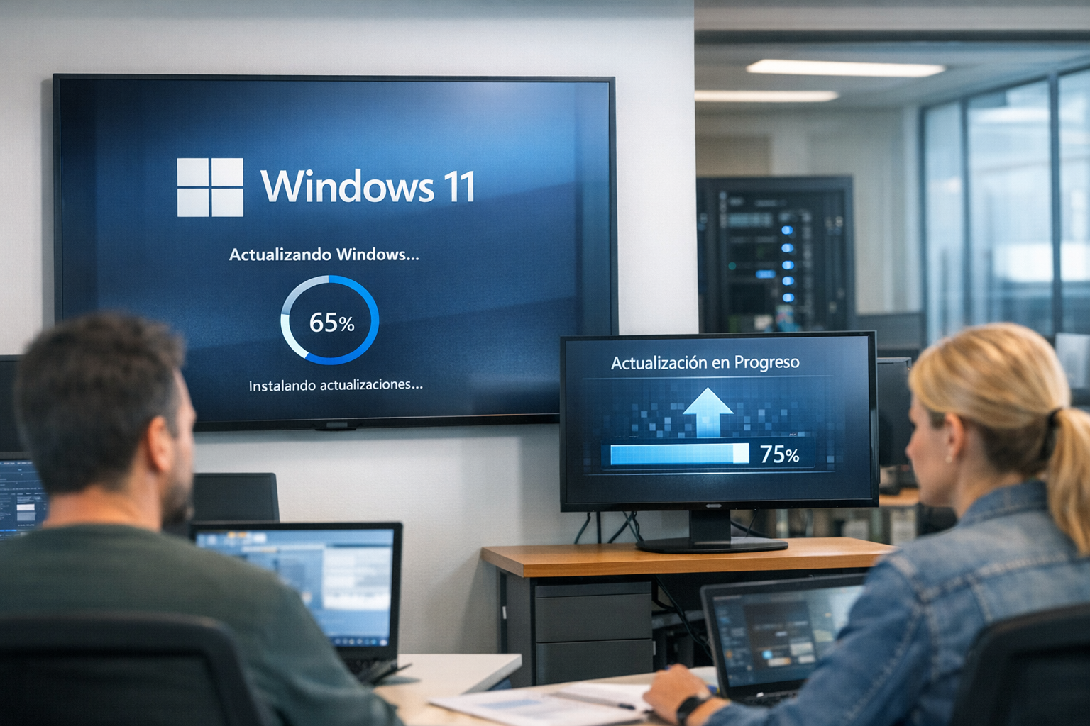 Pantallas en oficina mostrando actualización de Windows 11 en proceso, representando despliegue rápido y eficiente en empresas.