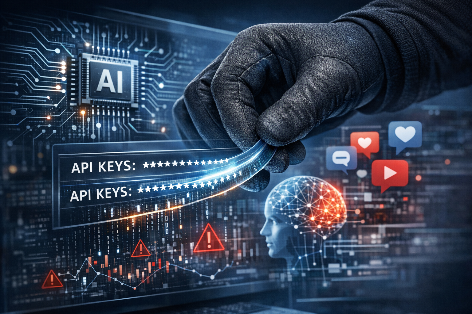 Imagen conceptual de robo de claves API y uso de inteligencia artificial para fraude digital