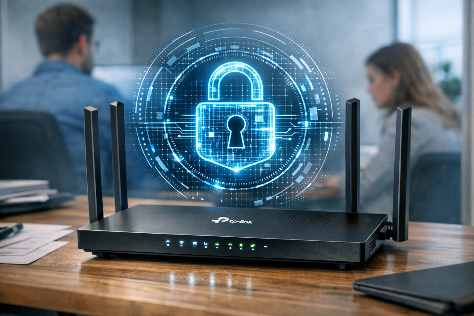 Router TP-Link con icono de candado digital que representa seguridad en redes empresariales