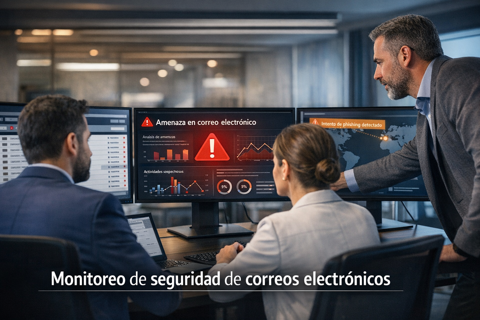 Equipo de IT monitoreando seguridad de correos electrónicos en pantallas de computadora