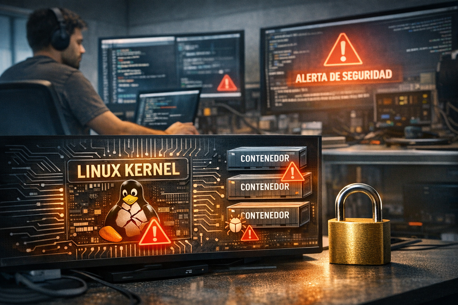Representación gráfica de vulnerabilidad en Linux Kernel con iconos de seguridad y contenedores