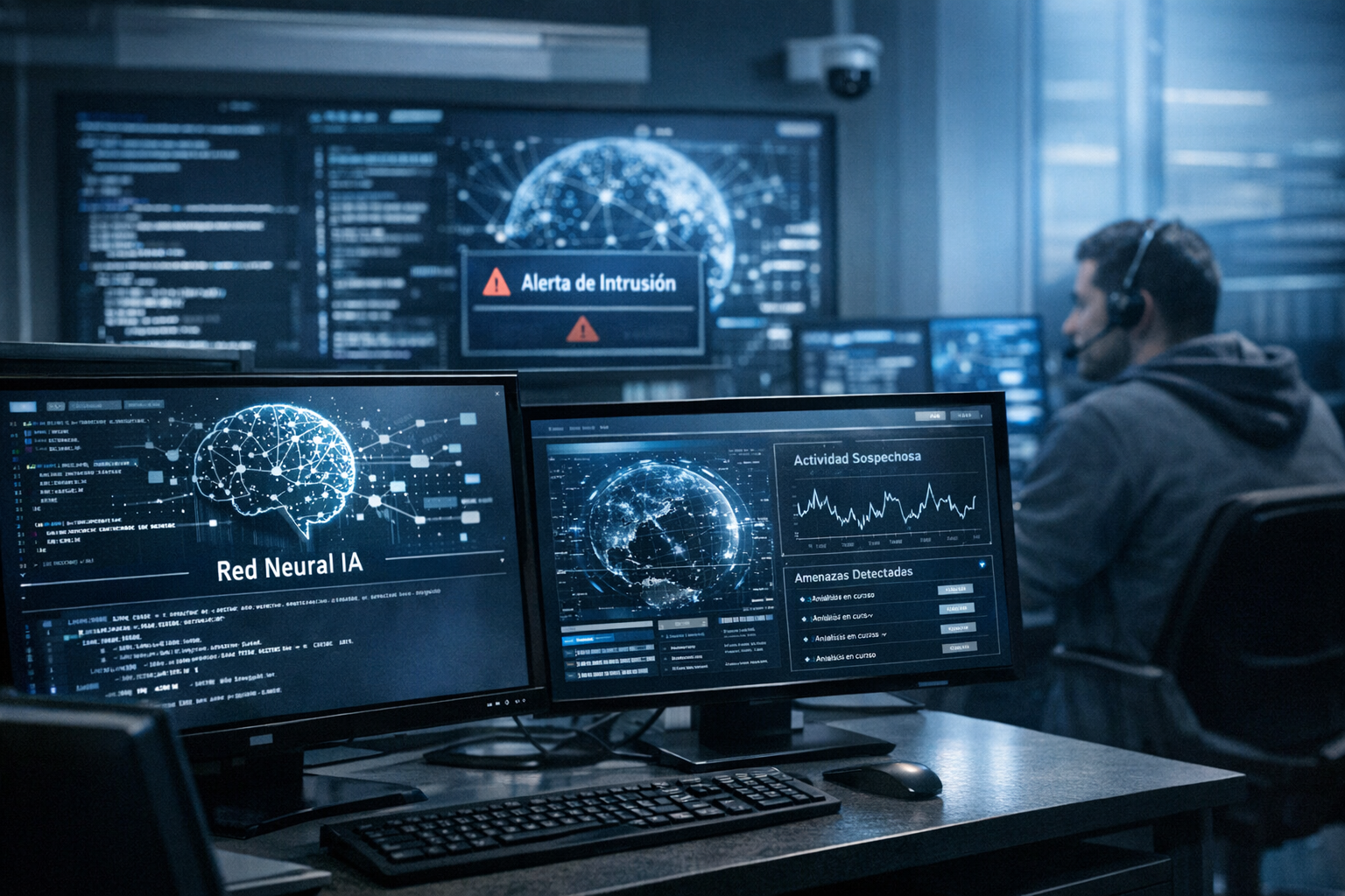 Pantallas con código y gráficos relacionados con inteligencia artificial y ciberseguridad en un centro de operaciones IT.