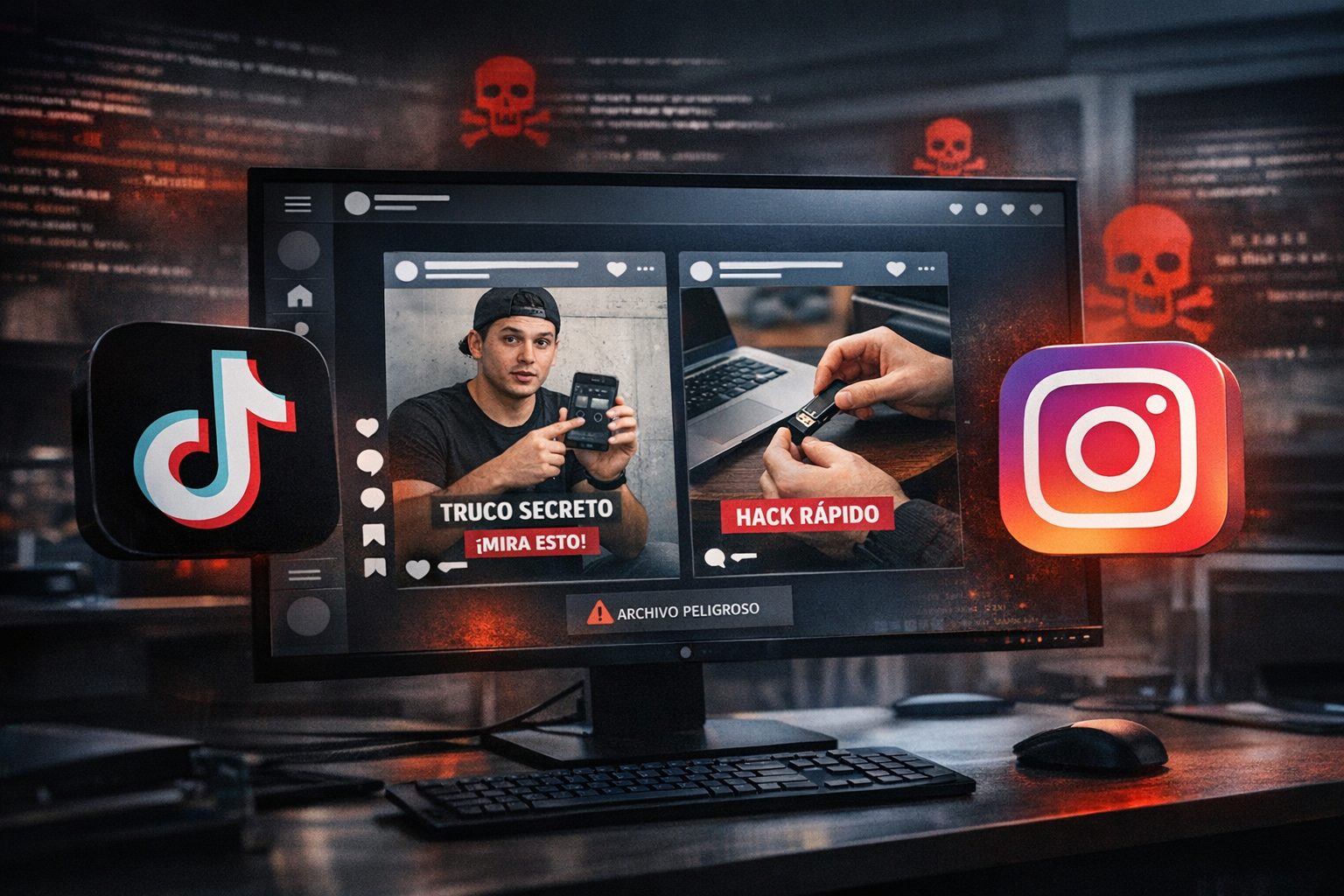 Pantalla con videos cortos en redes sociales y símbolos de TikTok e Instagram, representando la propagación de malware a través de tutoriales falsos.