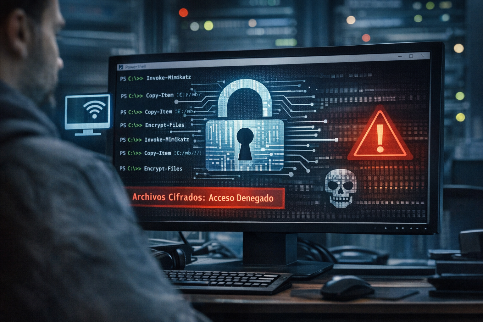 Pantalla de computadora con código PowerShell y símbolos de seguridad digital, representando un ataque de ransomware usando herramientas legítimas.