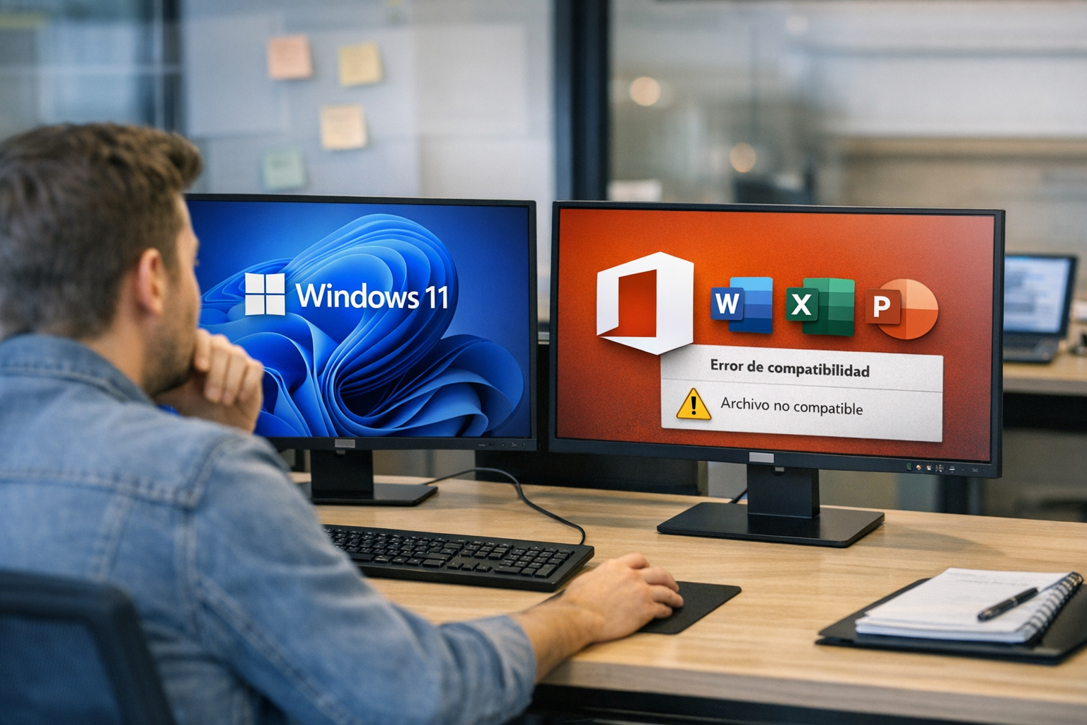 Pantallas de computadora en una oficina mostrando logos de Windows 11 y Microsoft Office, representando problemas de compatibilidad tras actualización.