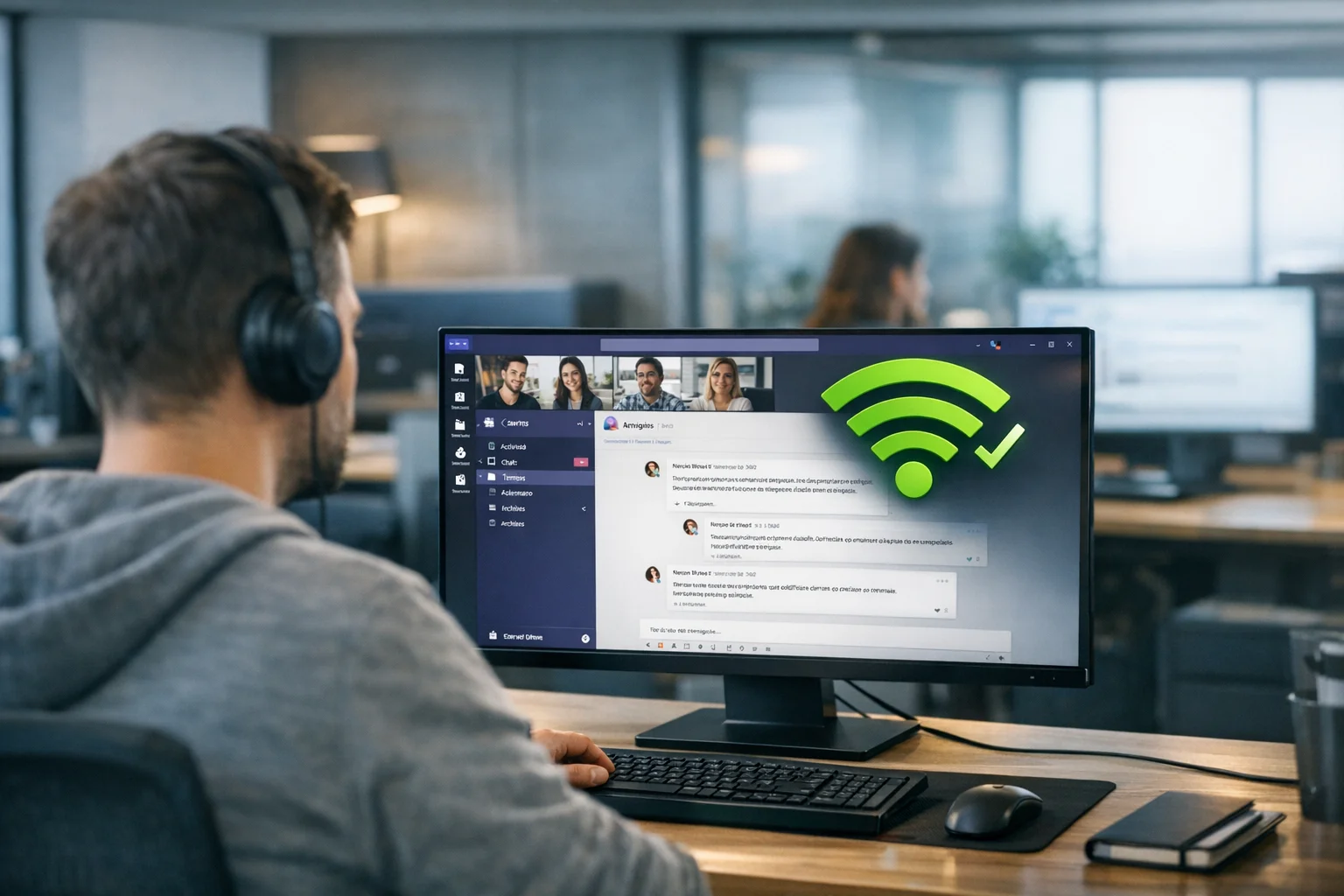 Empleado en oficina conectándose a Microsoft Teams con indicador de conexión Wi-Fi activa en pantalla