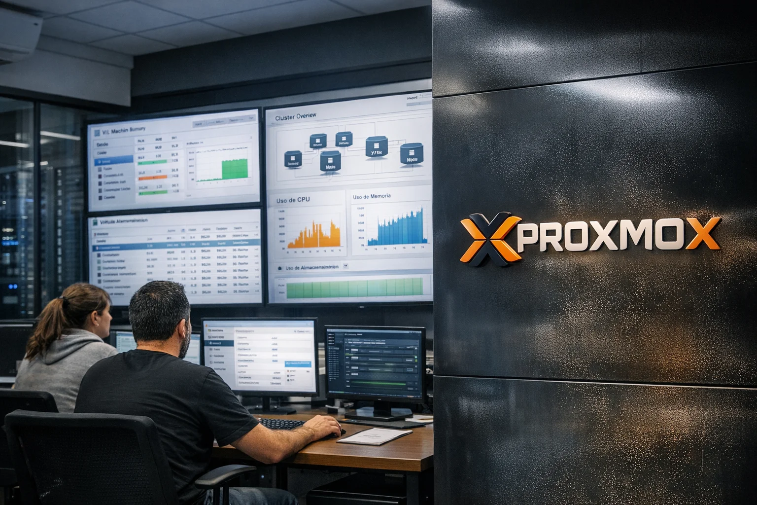 Centro de datos con paneles de control de virtualización y logo de Proxmox