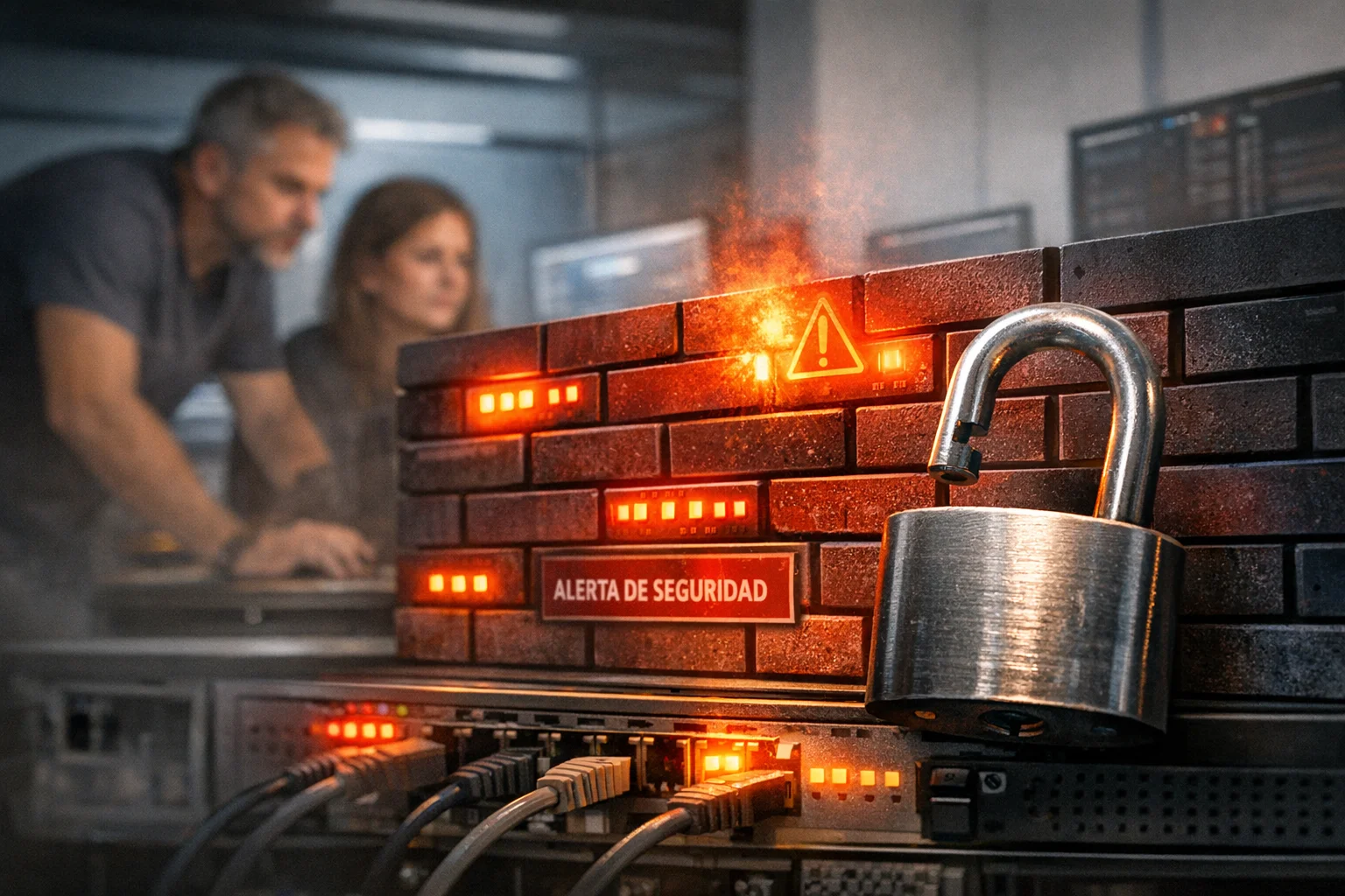 Firewall digital con luces de alerta y candado semiabierto representando vulnerabilidades en seguridad perimetral empresarial
