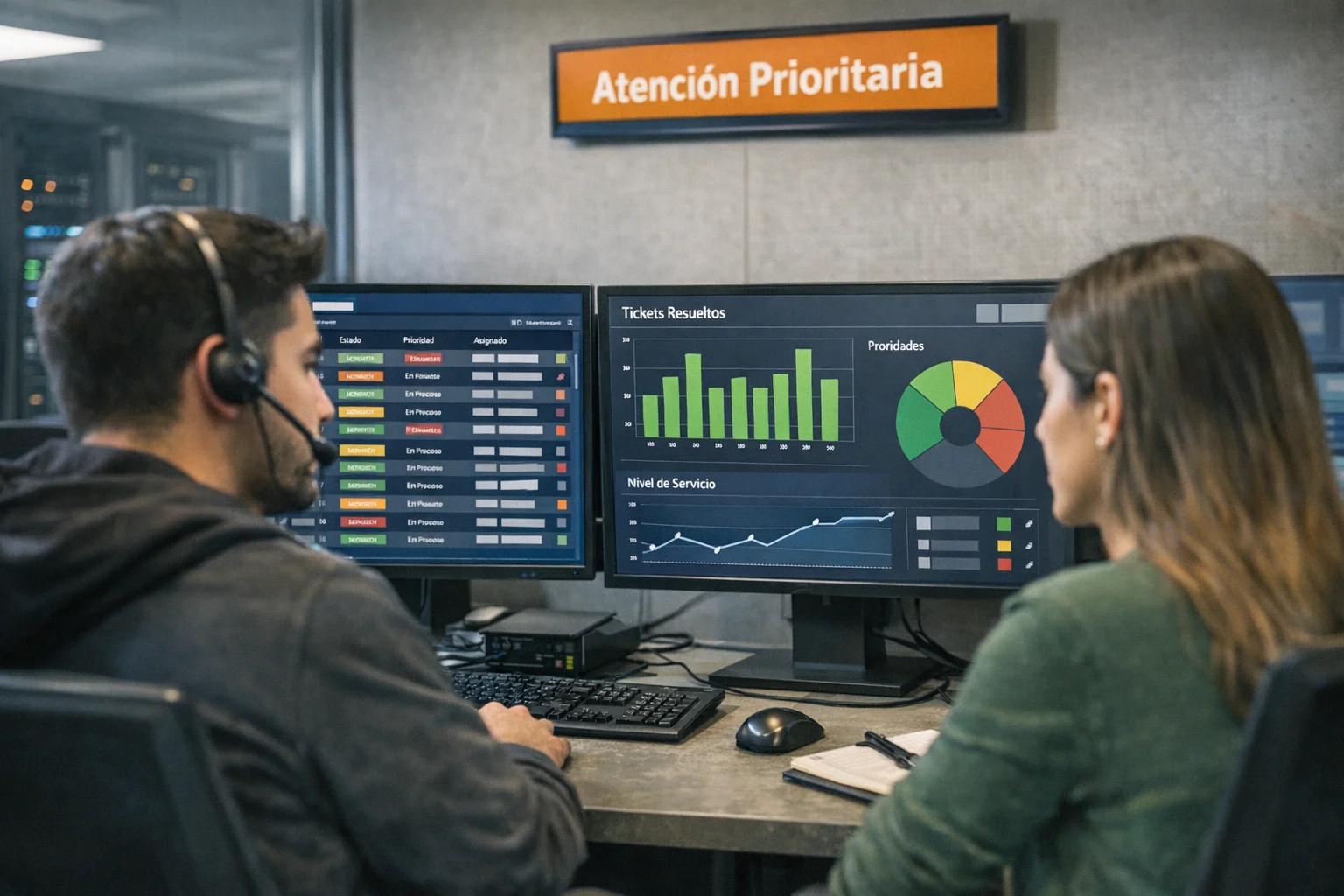 Equipo de soporte IT gestionando tickets en pantallas con gráficos de productividad